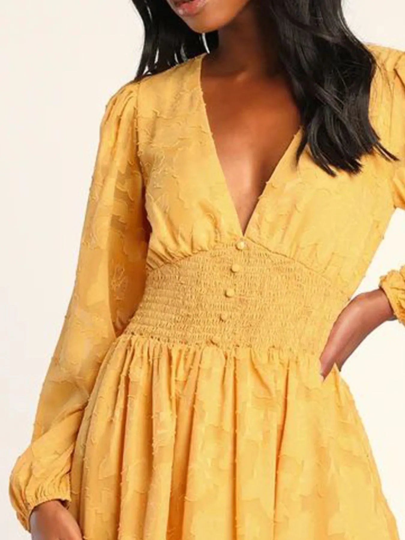 Smocked V-Neck Balloon Sleeve Dress - Roe Creation