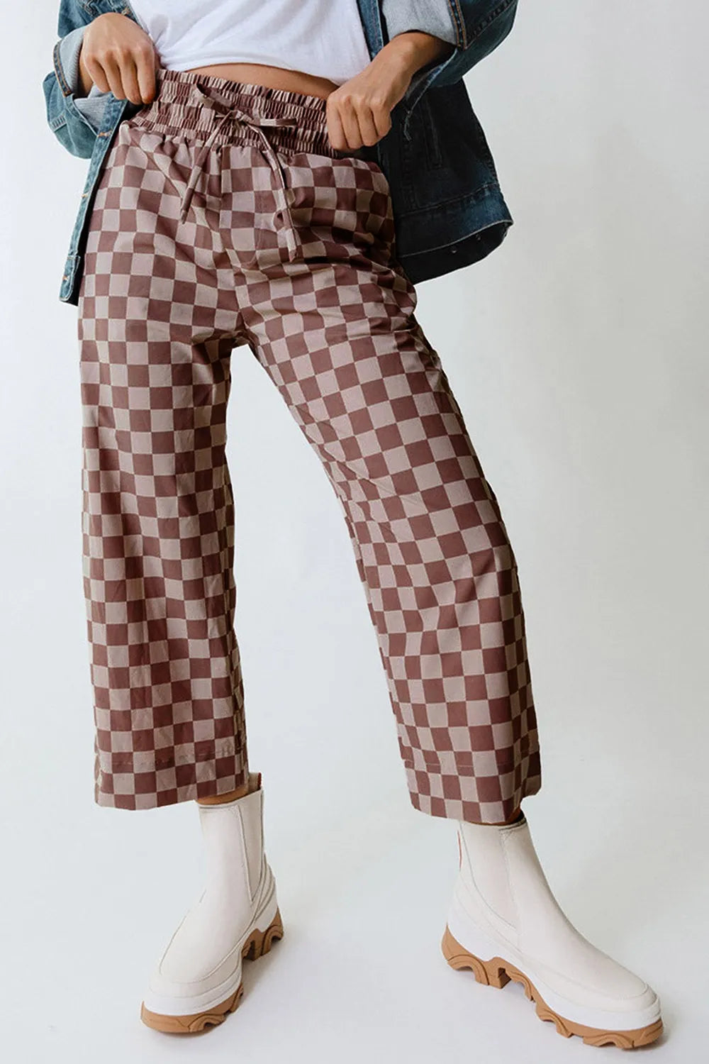 Checkered Elastic High Waist Loose Casual Pants - Roe Creation