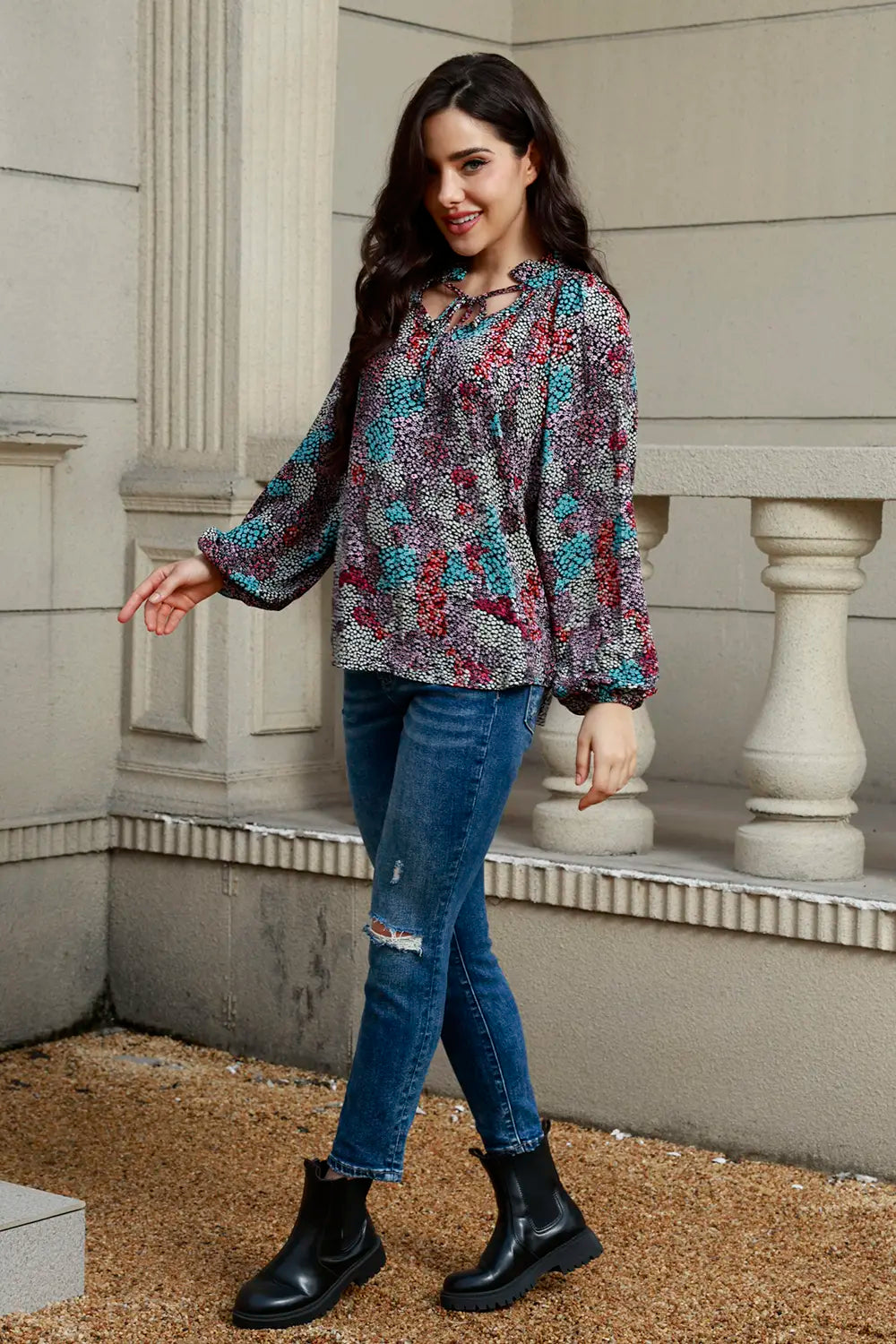 Tie Neck Heathered Blouse with Balloon Sleeves - Roe Creation