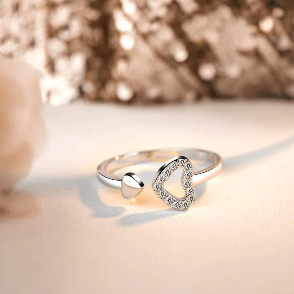 925 Sterling Silver Inlaid Zircon Heart Open Ring - Roe Creation