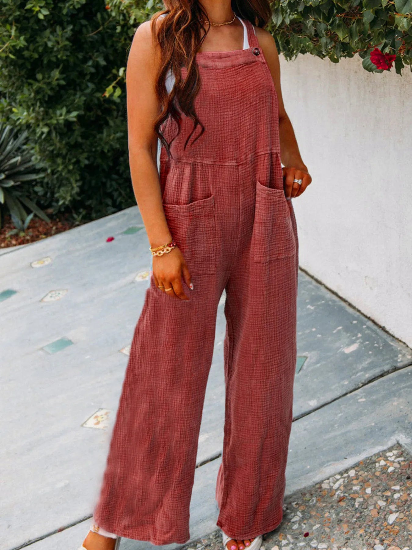 Full Size Casual Wide Leg Textured Overalls Plus Size - Roe Creation