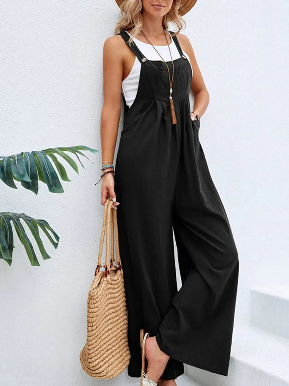 Full Size Square Neck Wide Strap Overalls - Roe Creation