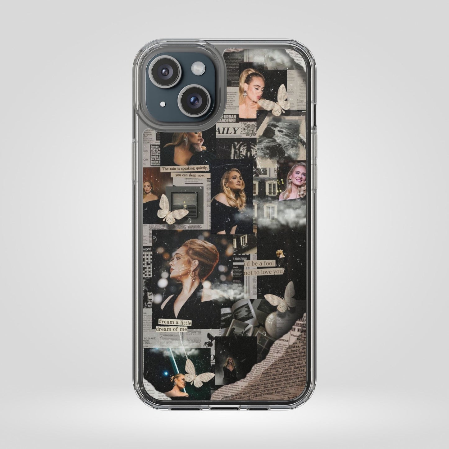 Adele Aesthetic Clear Phone Case with Butterfly Collage Design