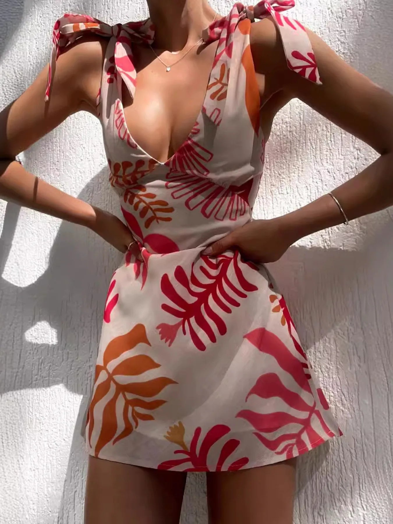 Printed Tie-Shoulder Mini Dress - Roe Creation