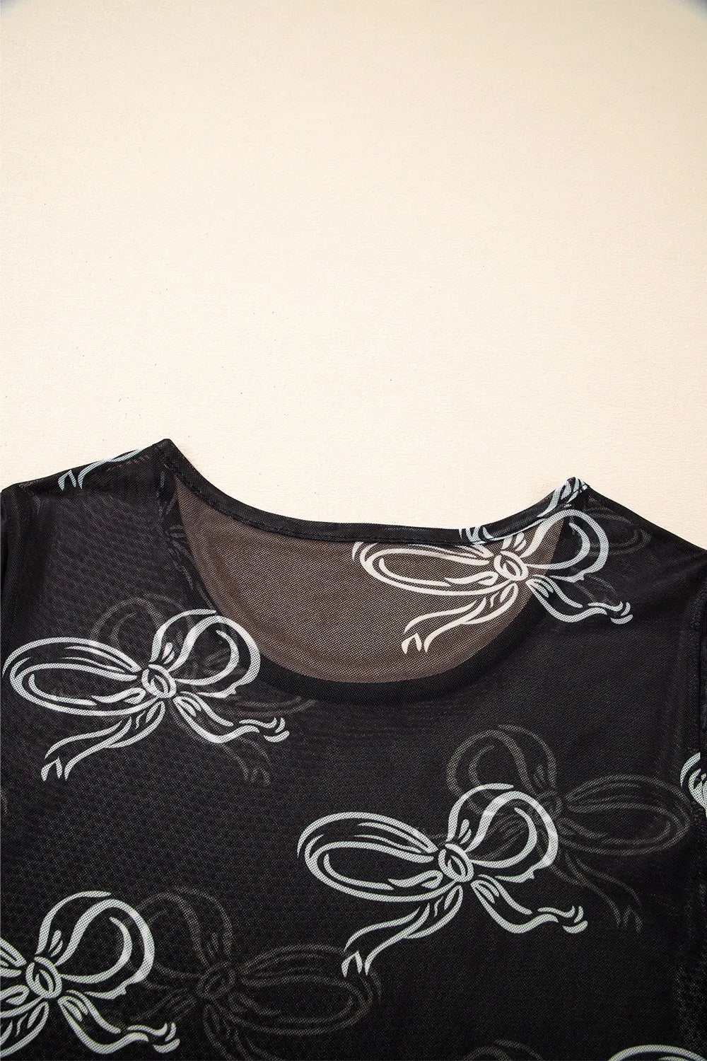 Bow Mesh Round Neck Short Sleeve T-Shirt - Roe Creation