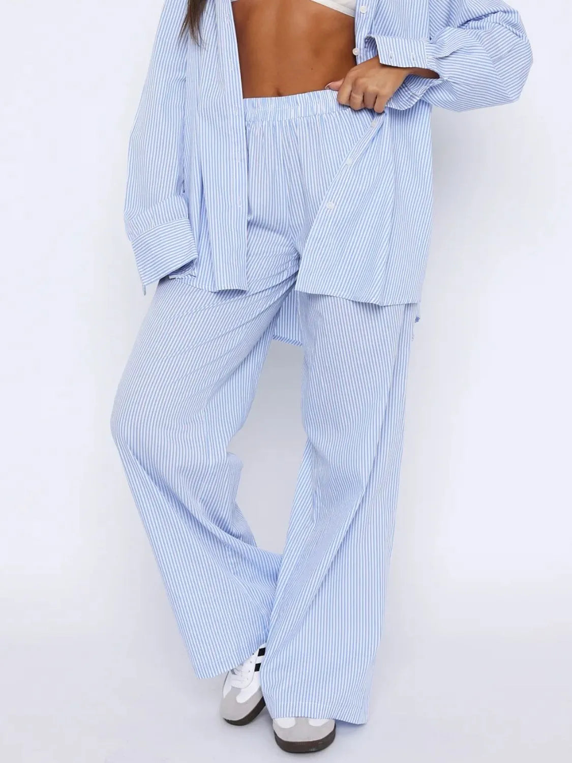 Pocketed Striped Wide Leg Pants - Roe Creation