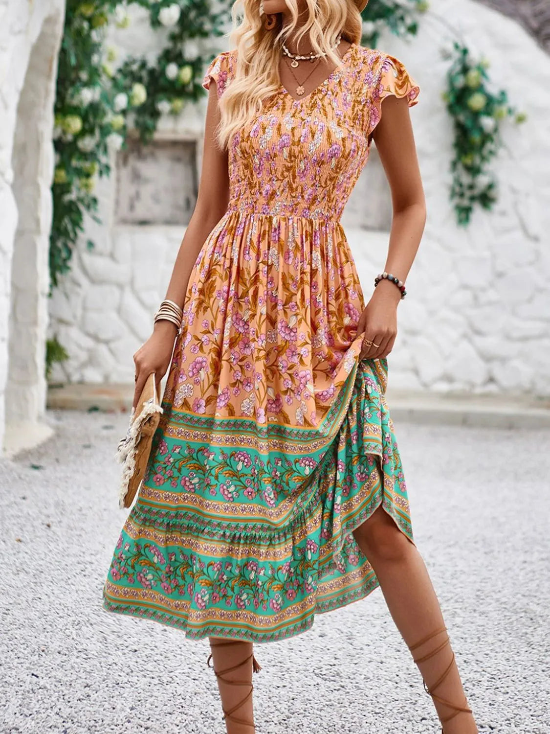 Printed Round Neck Cap Sleeve Dress - Roe Creation