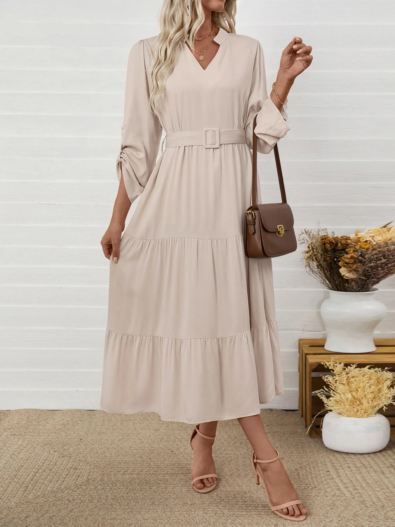 Tiered Notched Belted Midi Dress - Roe Creation