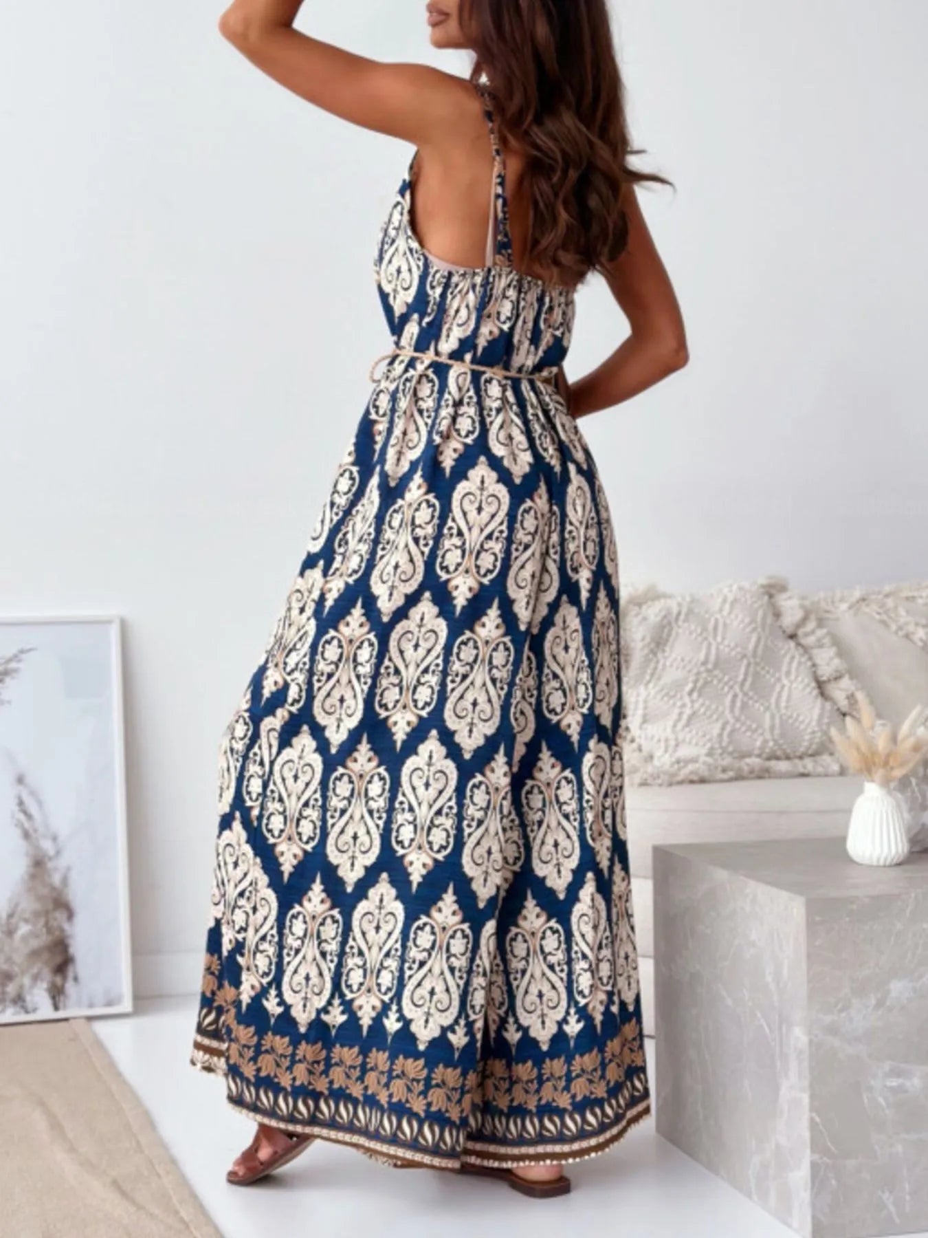 Paisley Print Spaghetti Strap Wide Leg Jumpsuit - Roe Creation