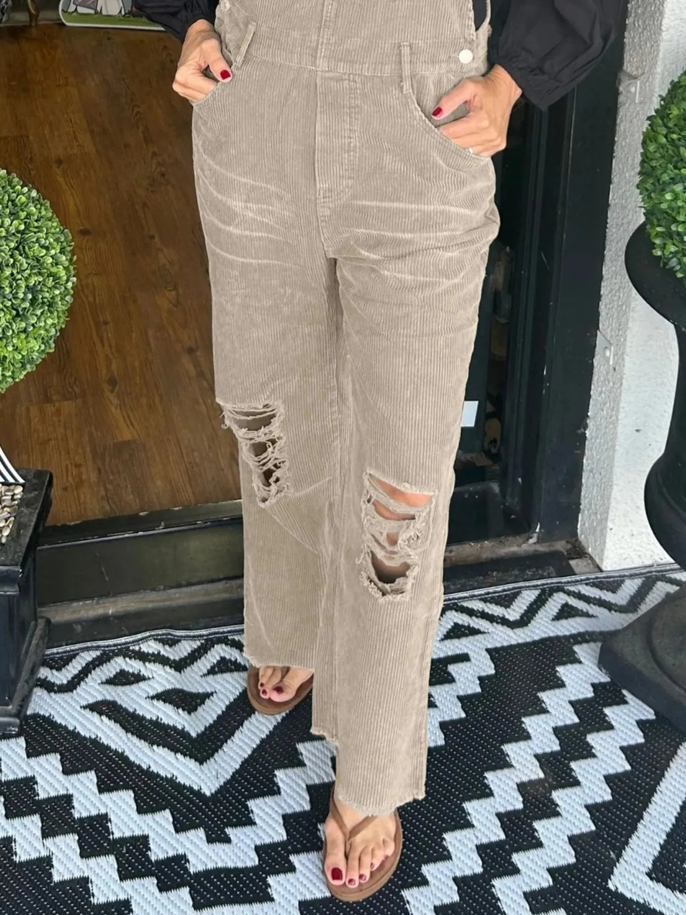 Distressed Wide Leg Corduroy Overalls - Roe Creation