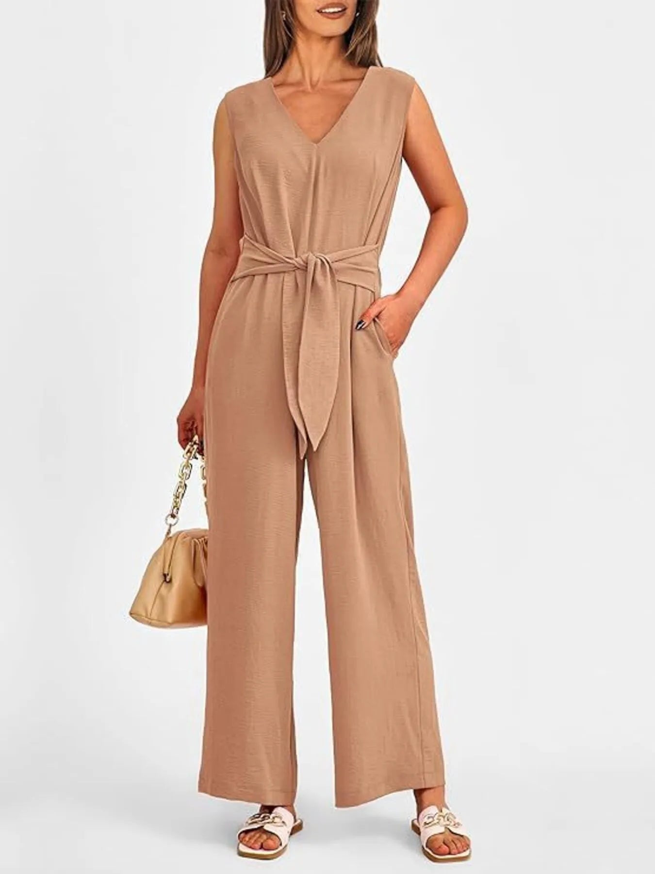 V-Neck Sleeveless Wide-Leg Jumpsuit with Waist Tie - Roe Creation