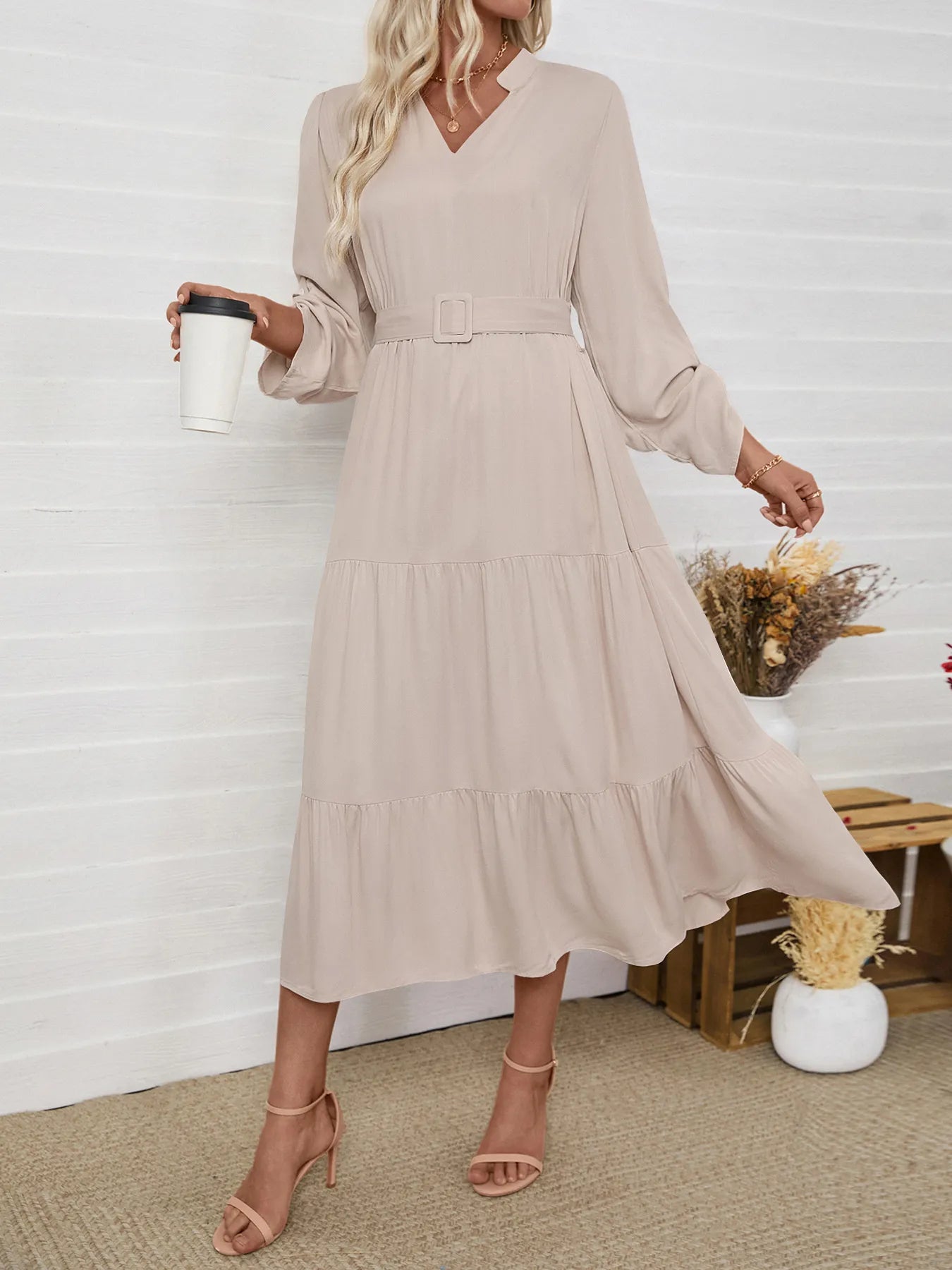 Tiered Notched Belted Midi Dress - Roe Creation