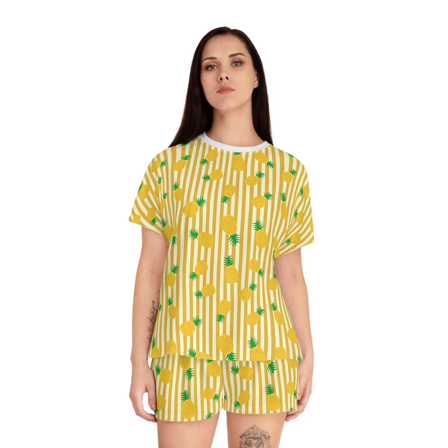 Pineapple Print Women's Short Pajama Set, Cute Summer Sleepwear, Tropical - Roe Creation