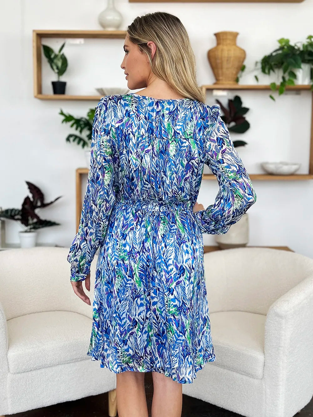 Double Take Full Size Printed Drawstring Waist Long Sleeve Dress - Roe Creation