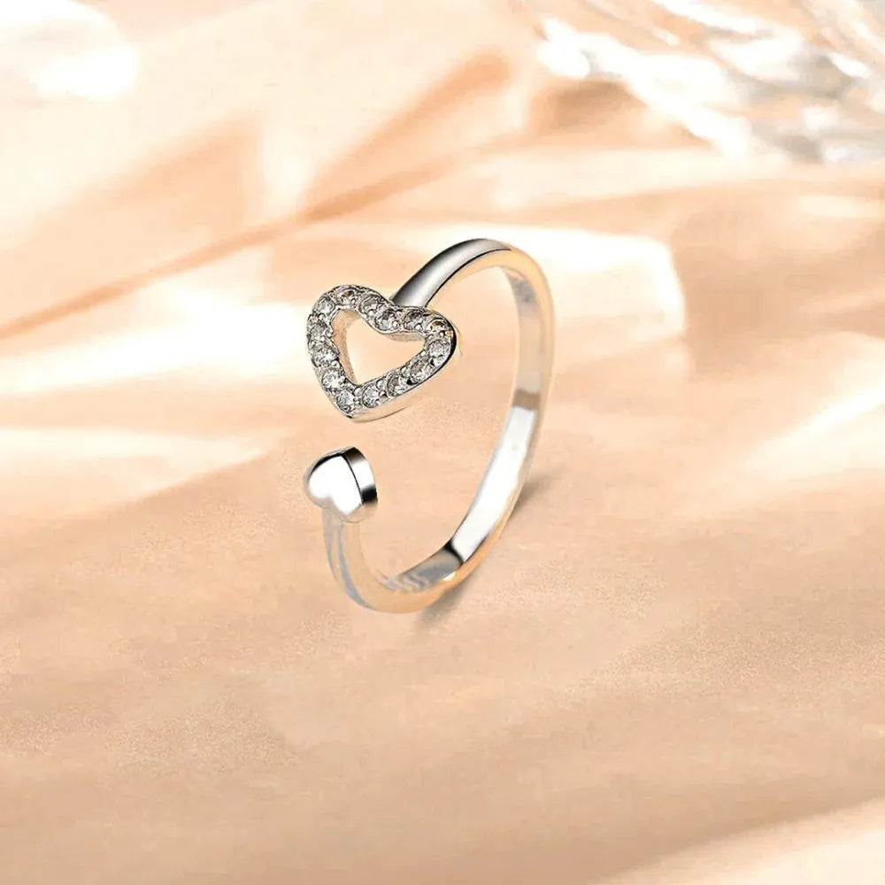 925 Sterling Silver Inlaid Zircon Heart Open Ring - Roe Creation