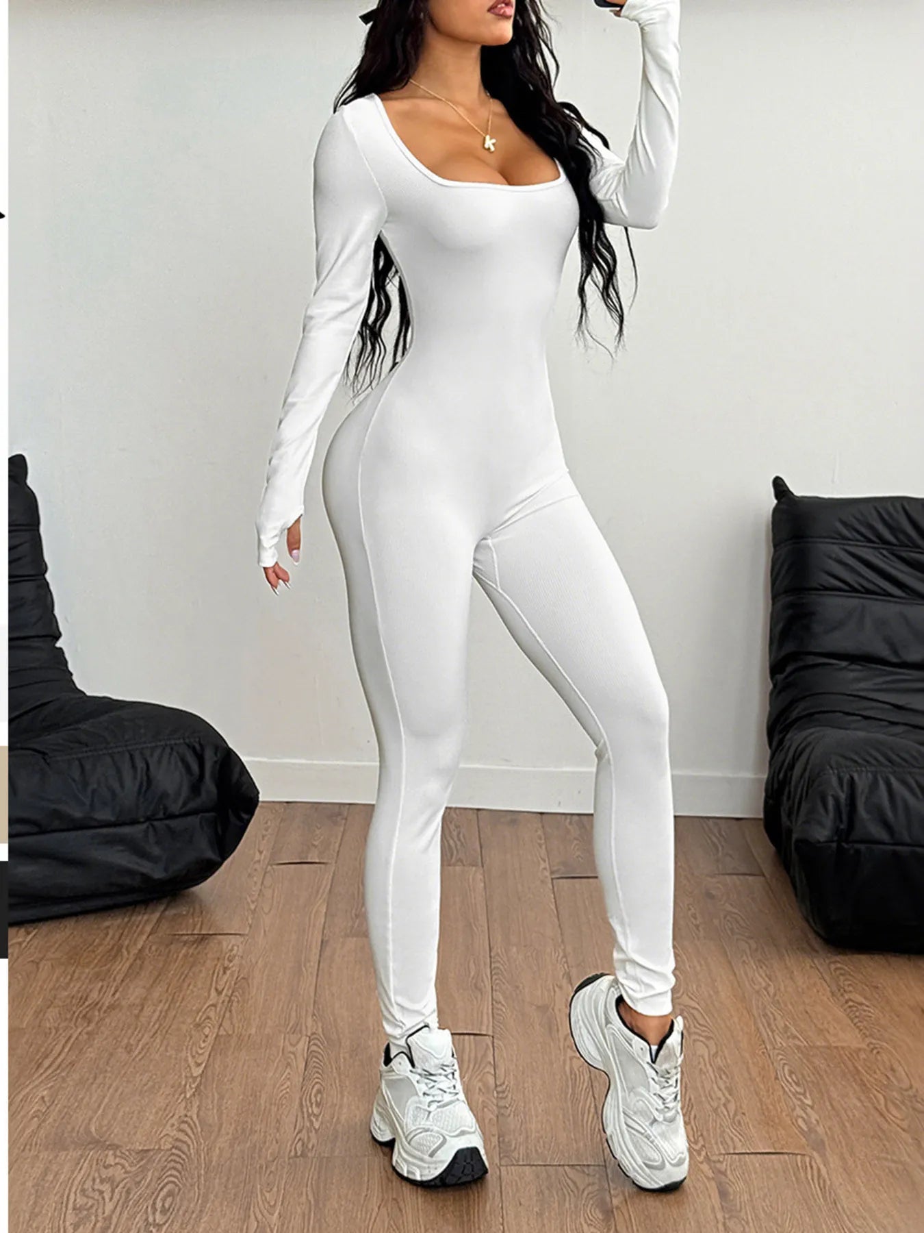 Square Neck Long Sleeve Active Jumpsuit - Roe Creation
