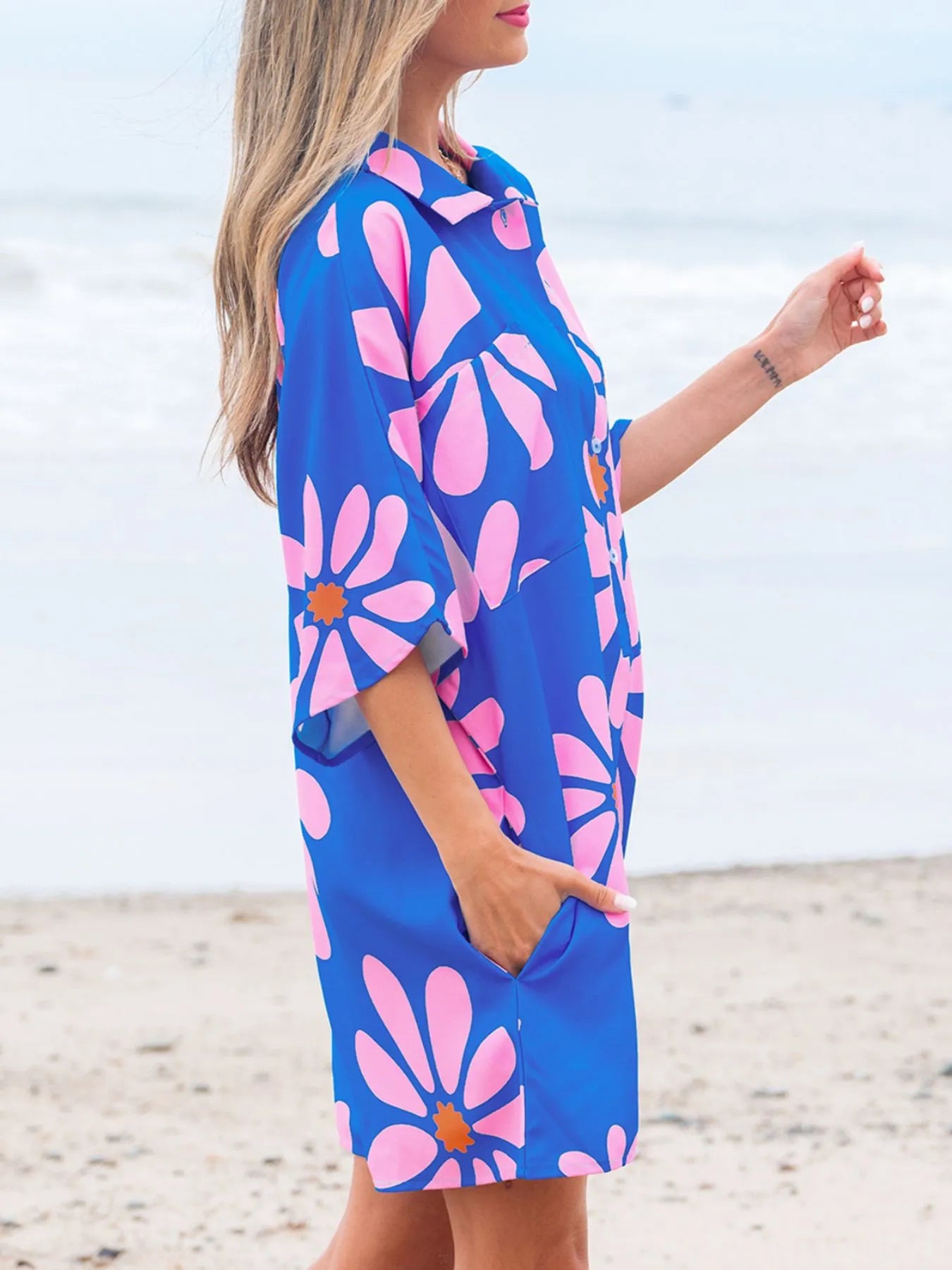 Summer Flower Print Shirt Collar Button Front Loose Romper - Roe Creation