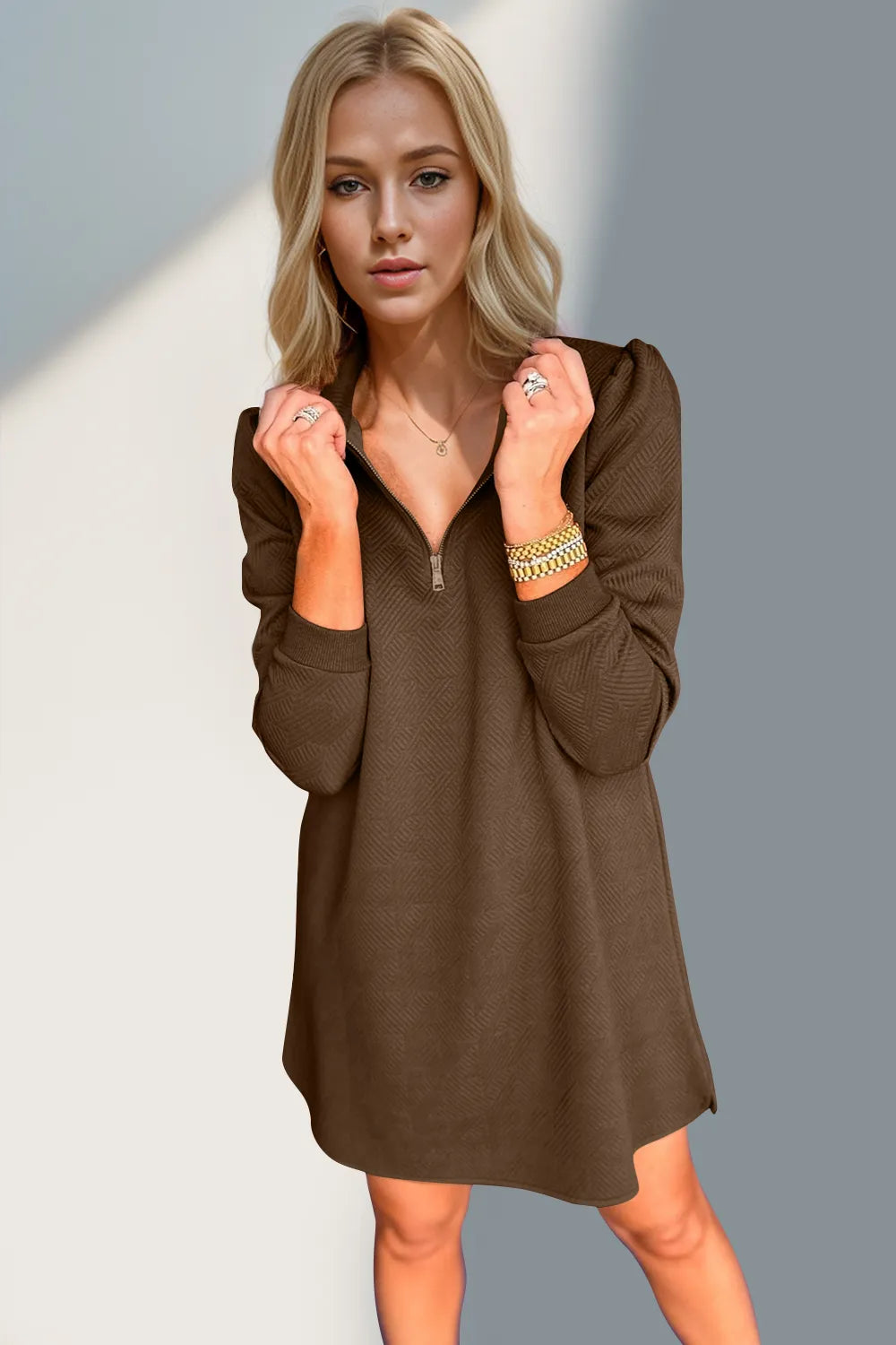 Double Take Textured Quarter Zip Long Sleeve Dress - Roe Creation