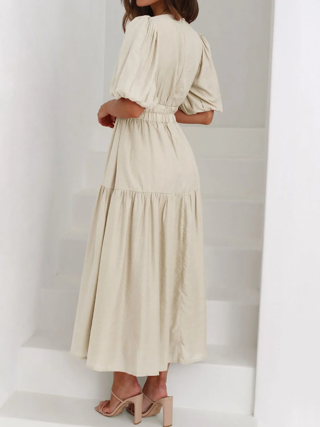 V-Neck Puff Sleeve Midi Dress - Roe Creation
