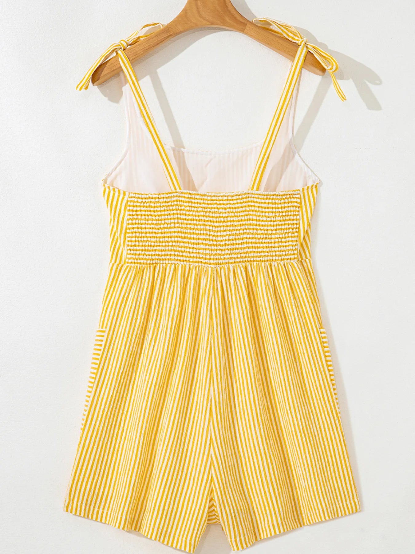 Stripe Shoulder Tie Smocked Back Casual Romper - Roe Creation
