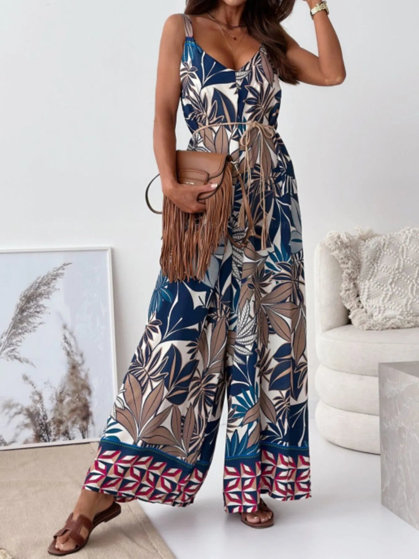 Paisley Print Spaghetti Strap Wide Leg Jumpsuit - Roe Creation