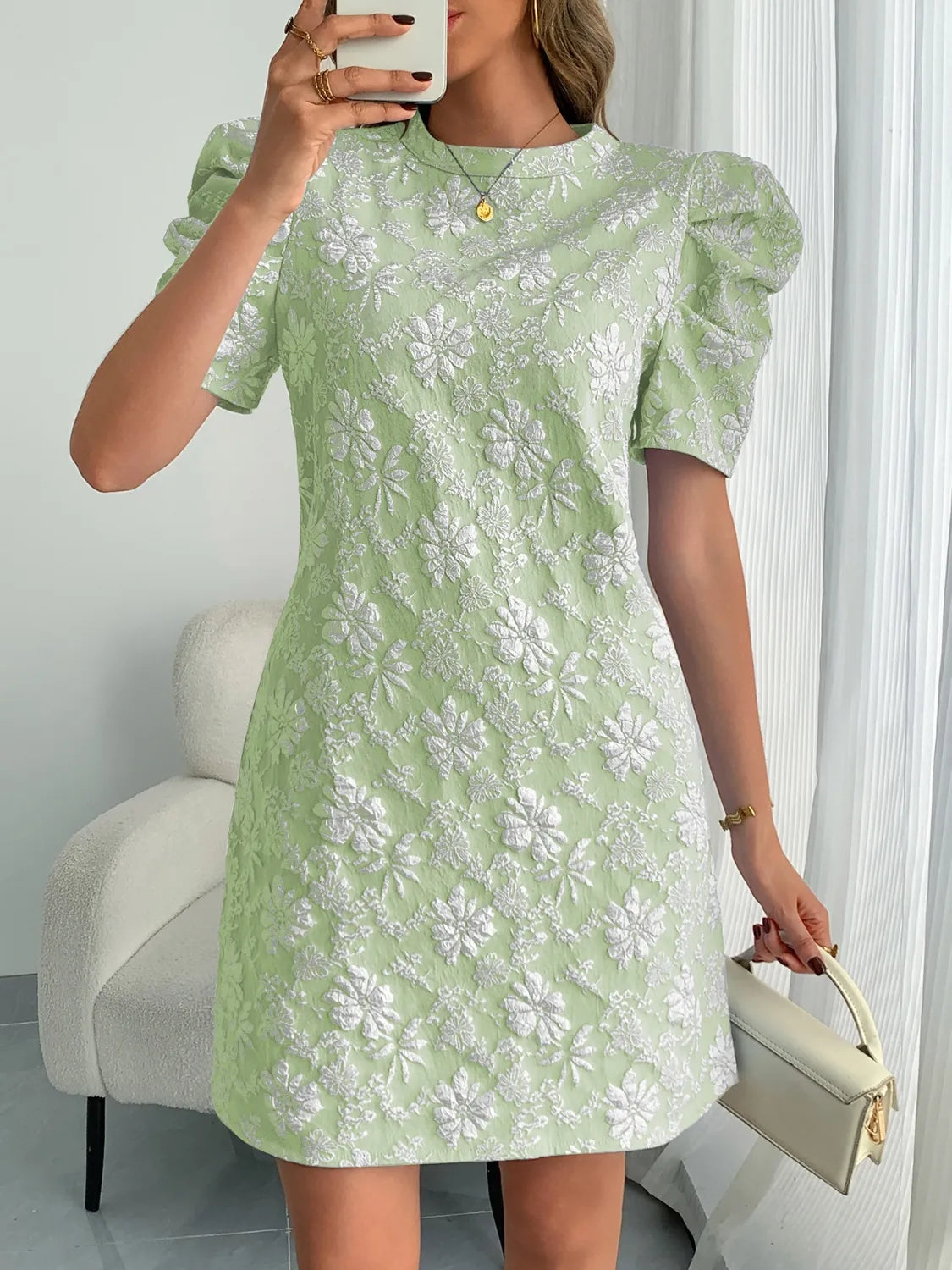 Round Neck Puff Short Sleeve Mini Dress - Roe Creation