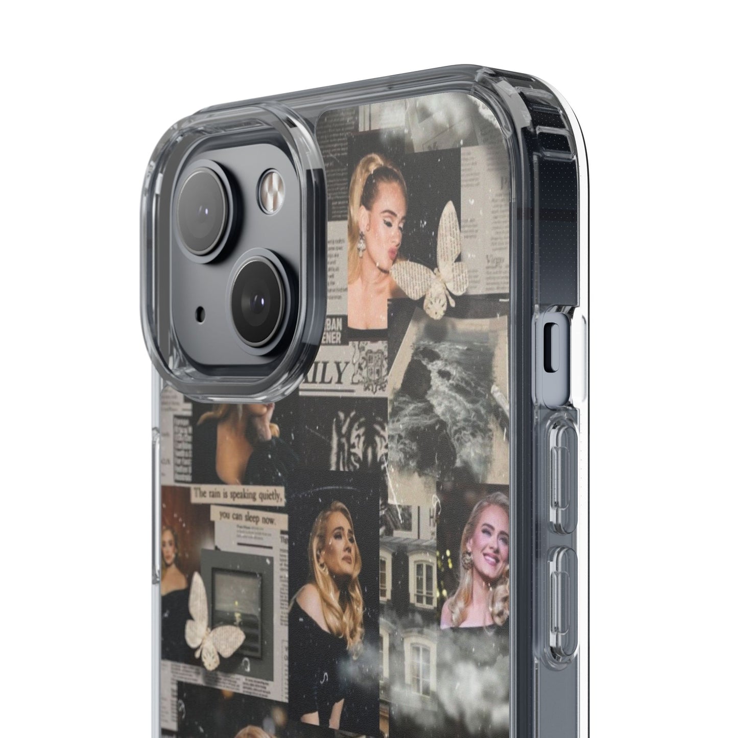 Adele Aesthetic Clear Phone Case with Butterfly Collage Design