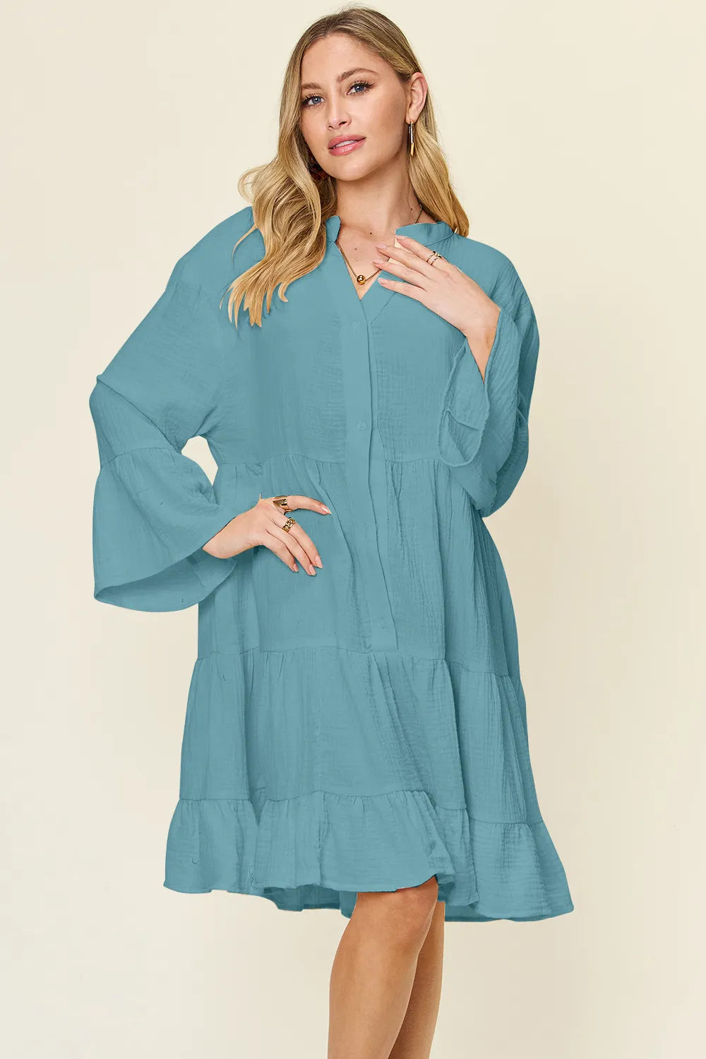 Double Take Full Size Texture Button Up Ruffle Hem Dress - Roe Creation