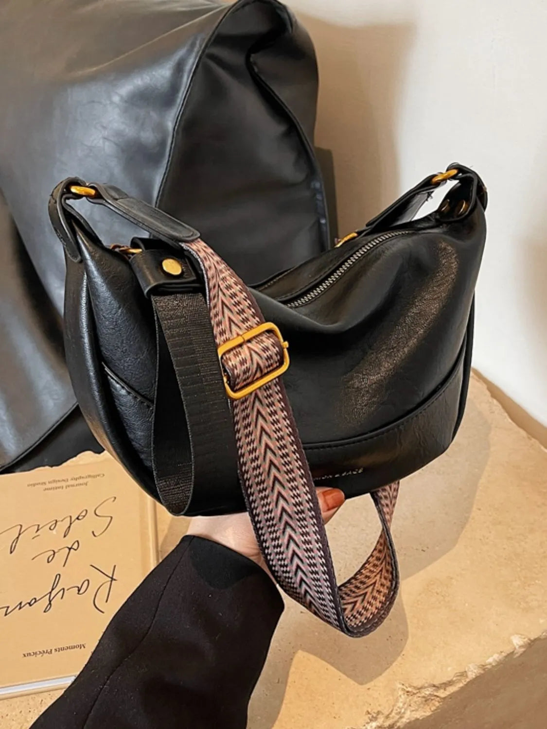 Leather Shoulder Bag with Woven Strap - Roe Creation