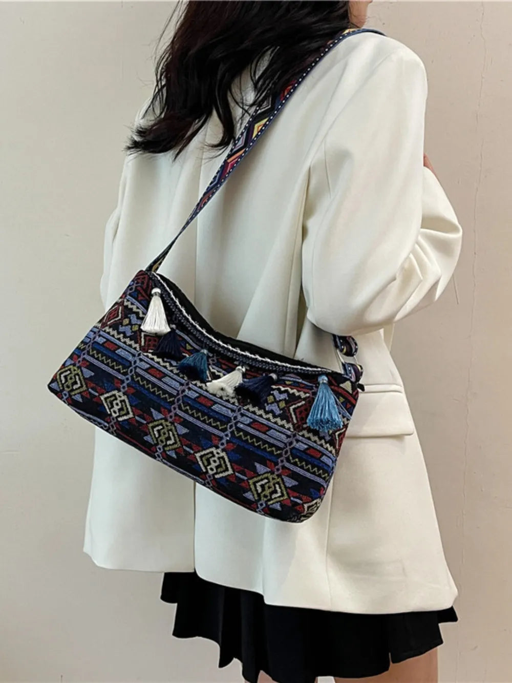 Retro Patterned Shoulder Bag with Tassel and Adjustable Strap - Roe Creation