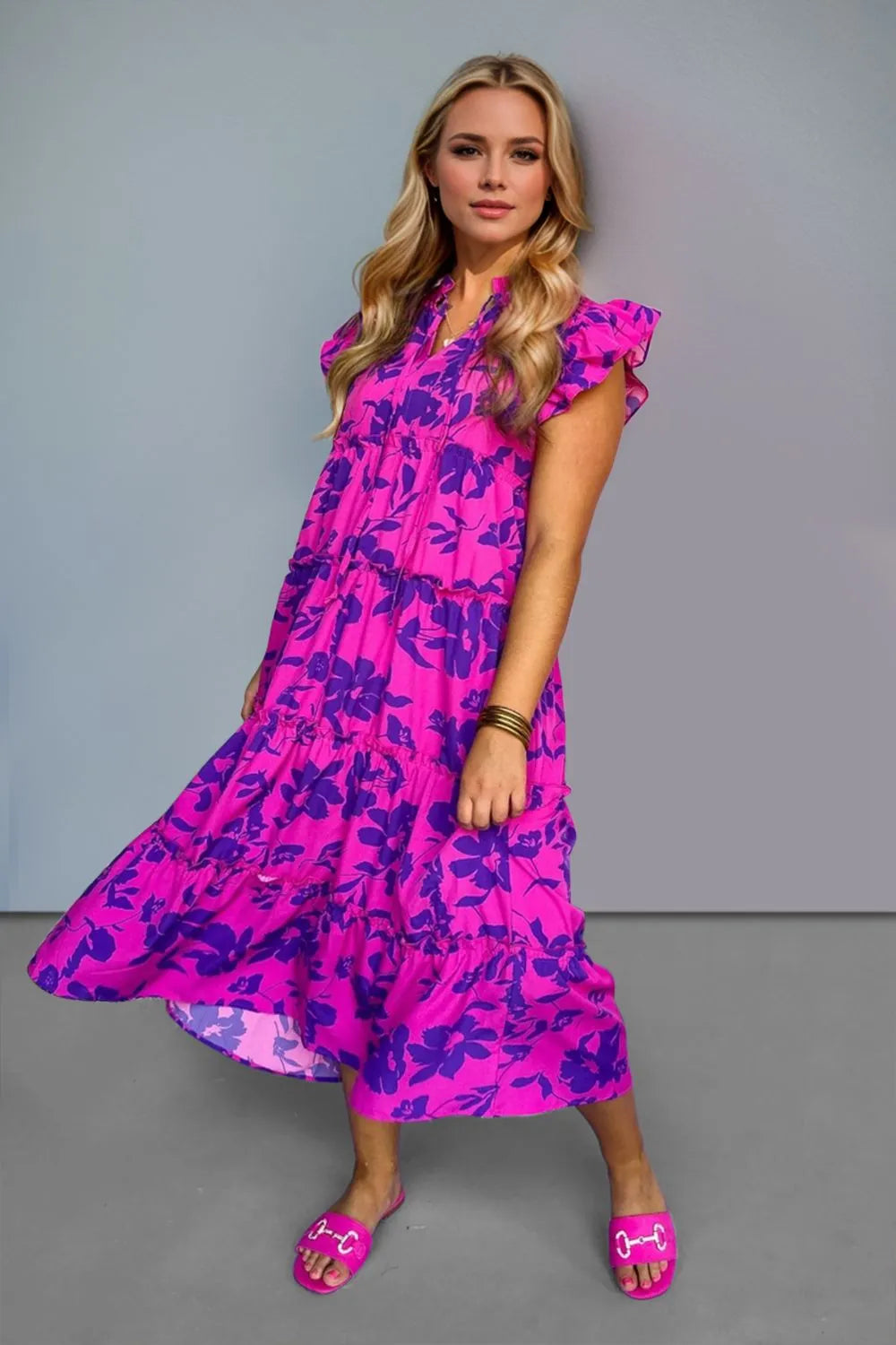 Oh Full Size Ruffled Printed Notched Cap Sleeve Midi Dress - Roe Creation