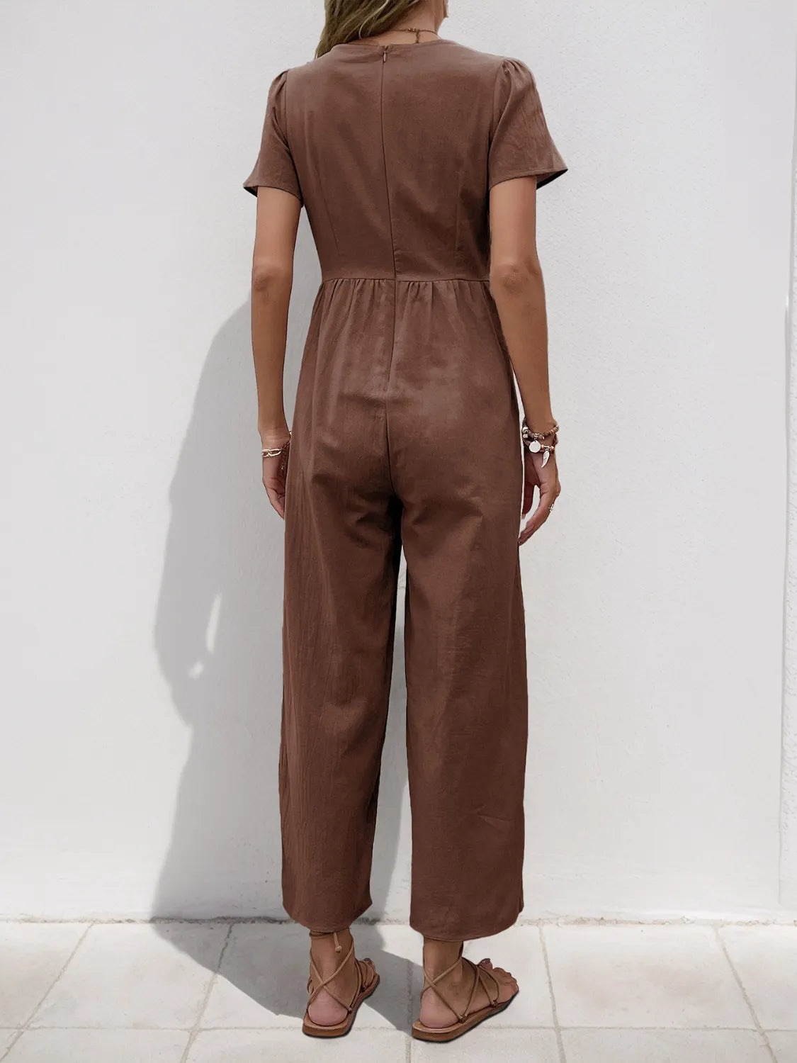 V-Neck Short Sleeve Wide Leg Jumpsuit - Roe Creation