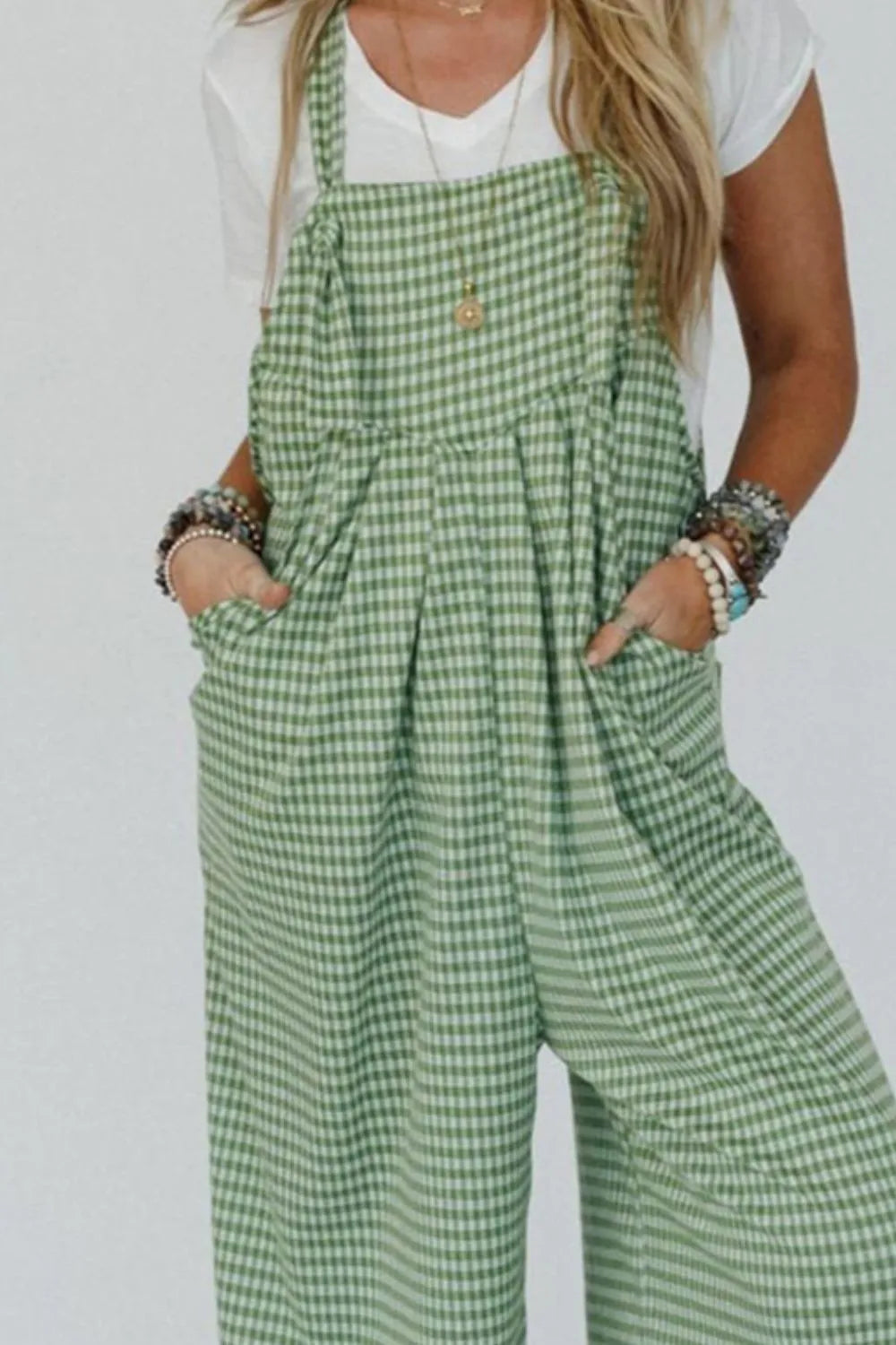 Casual Gingham Wide Leg Overalls - Roe Creation