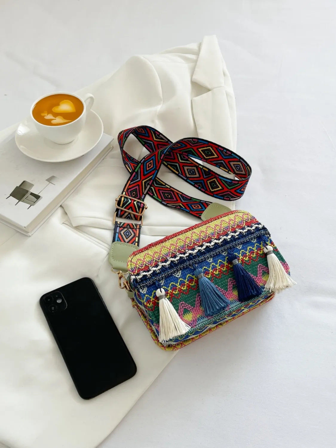 Bohemian Tassel Trim Crossbody Bag with Ethnic Pattern - Roe Creation