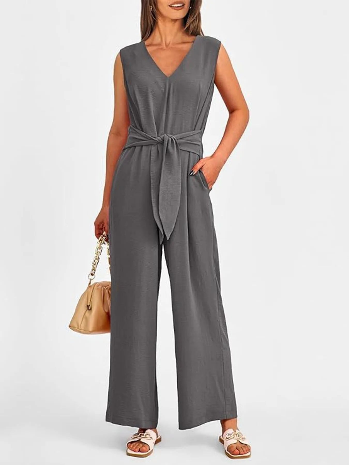 V-Neck Sleeveless Wide-Leg Jumpsuit with Waist Tie - Roe Creation
