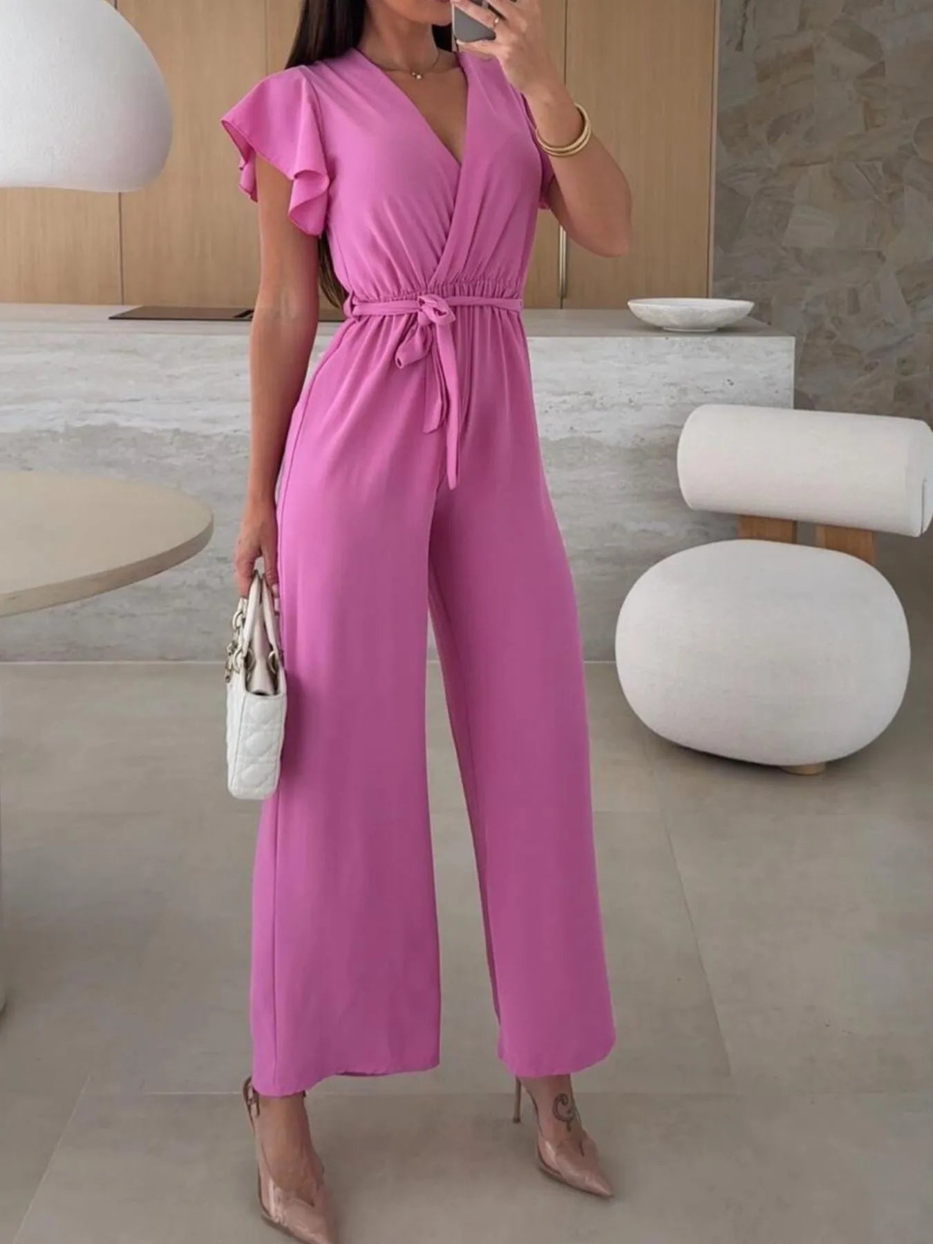 Surplice Wide Leg Belted Jumpsuit - Roe Creation