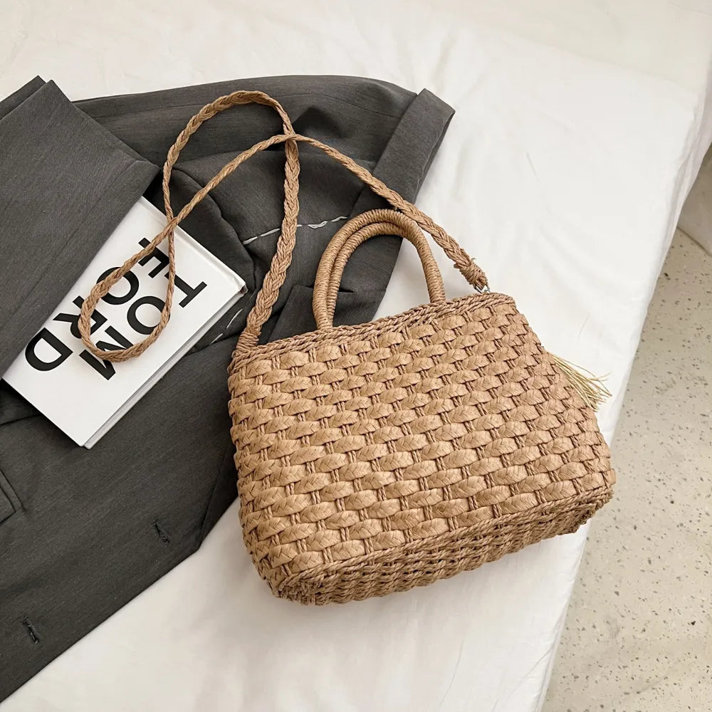 Braided Strap Paper Weave Shoulder Bag - Roe Creation