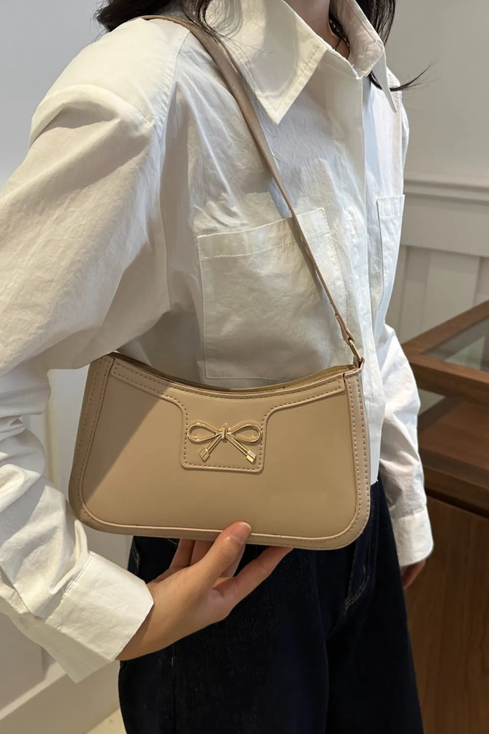 Bow Trim PU Leather Shoulder Bag - Roe Creation