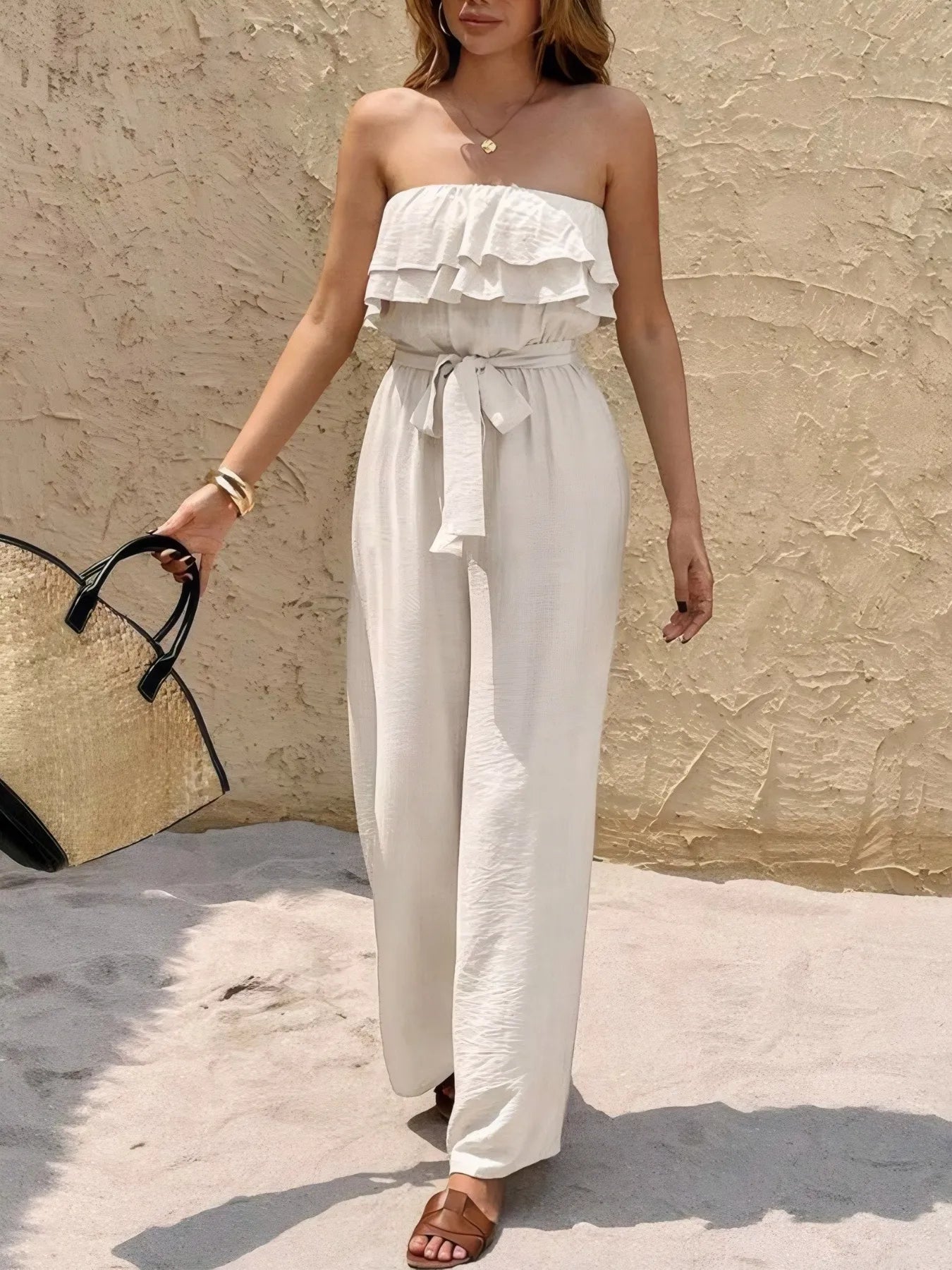 Off-Shoulder Ruffled Wide Leg Jumpsuit - Roe Creation