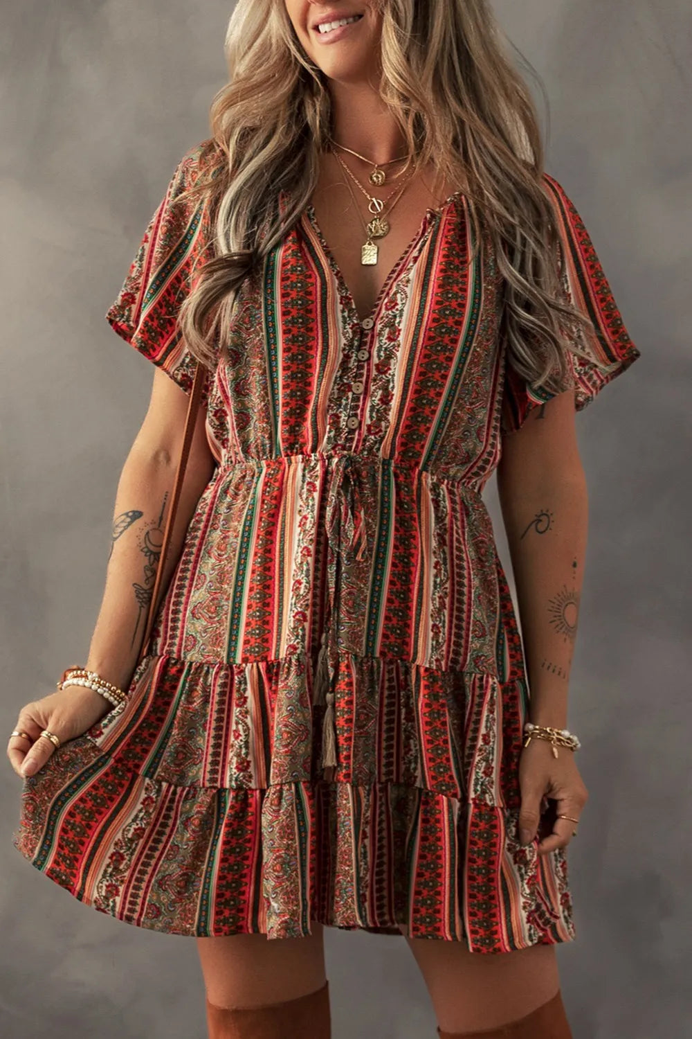 Bohemian Floral Print Buttoned V Neck Ruffle Tiered Dress - Roe Creation