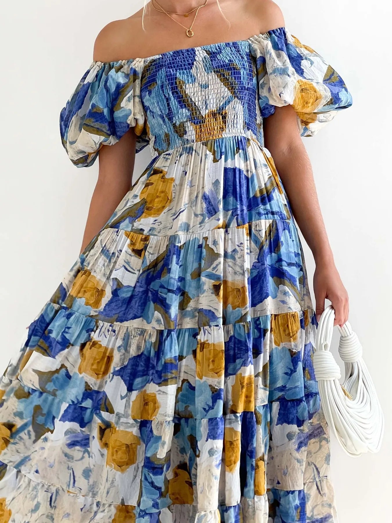 Floral Smocked Puff Sleeve Tiered Dress - Roe Creation