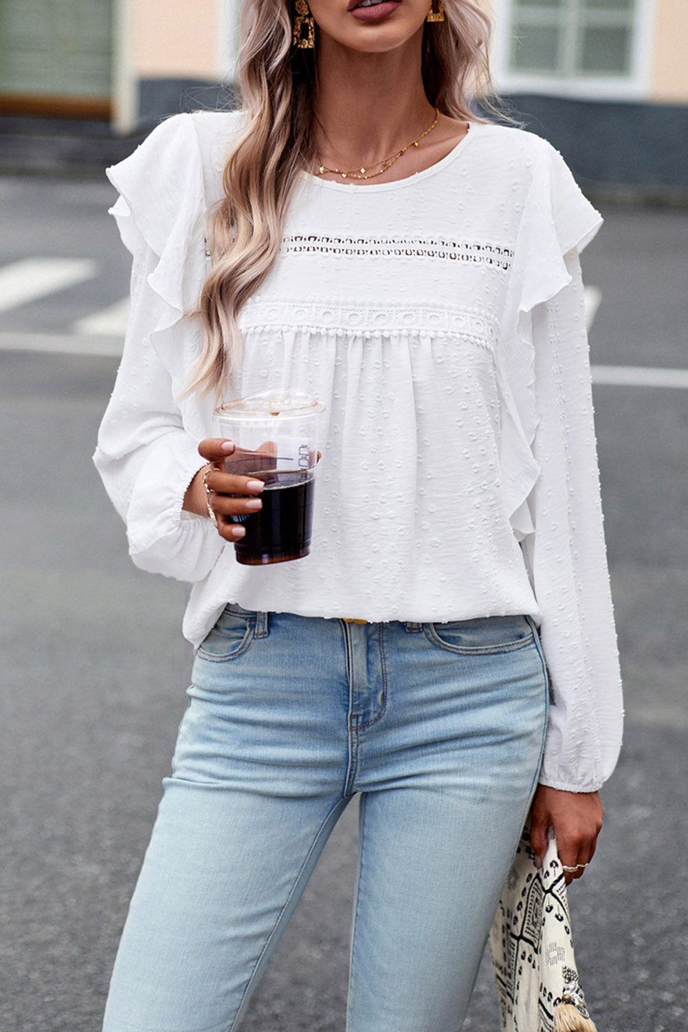 Women’s Round Neck Ruffled Blouse with Lace Detail – Elegant Casual Top - Roe Creation