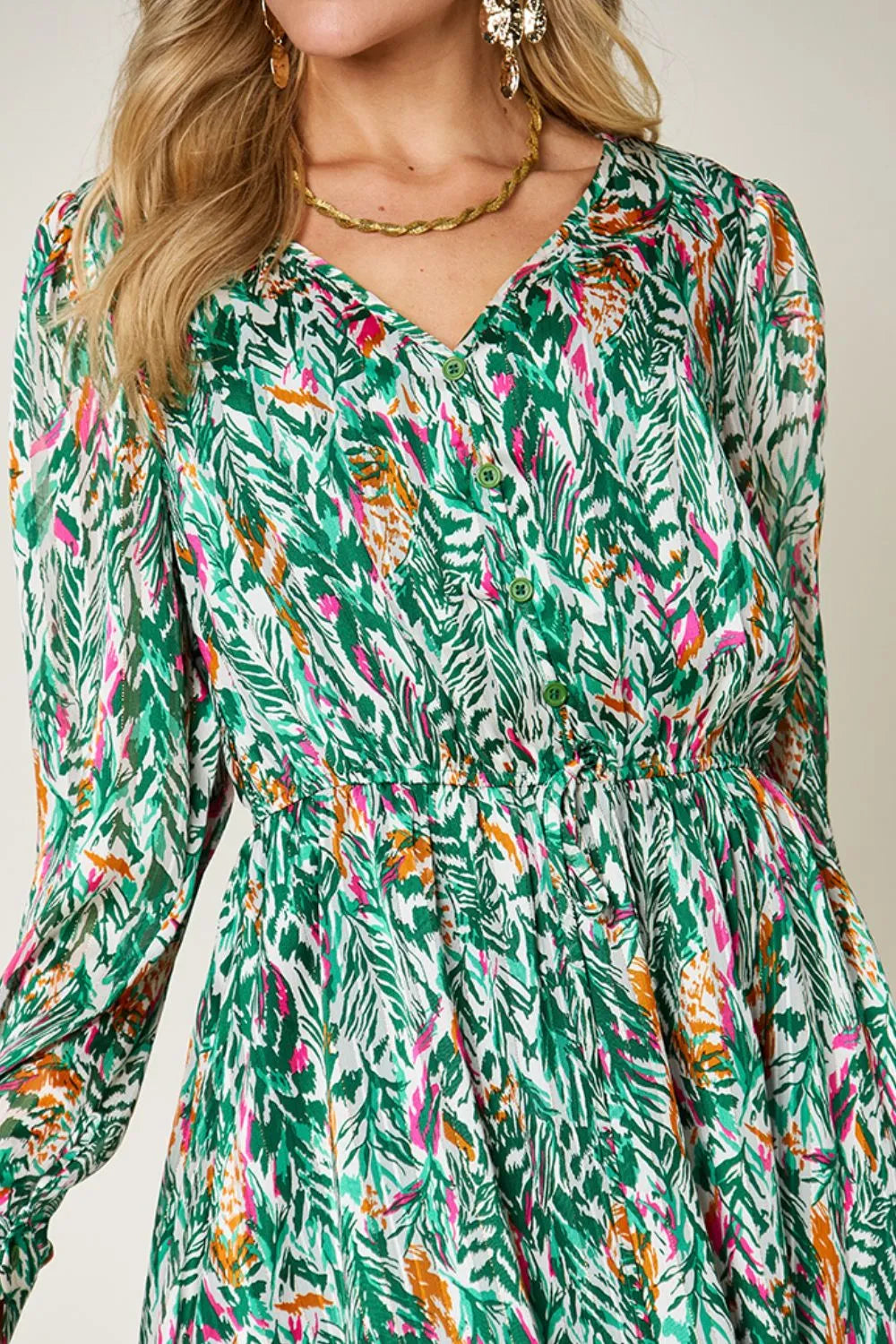 Double Take Full Size Printed Drawstring Waist Long Sleeve Dress - Roe Creation
