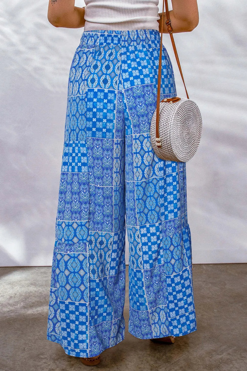 Full Size Drawstring Printed Wide Leg Pants - Roe Creation