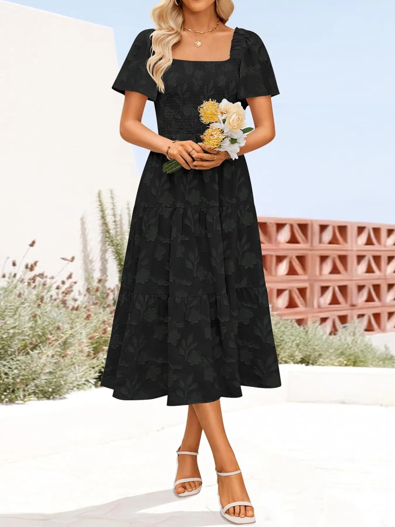 Smocked Square Neck Short Sleeve Dress - Roe Creation