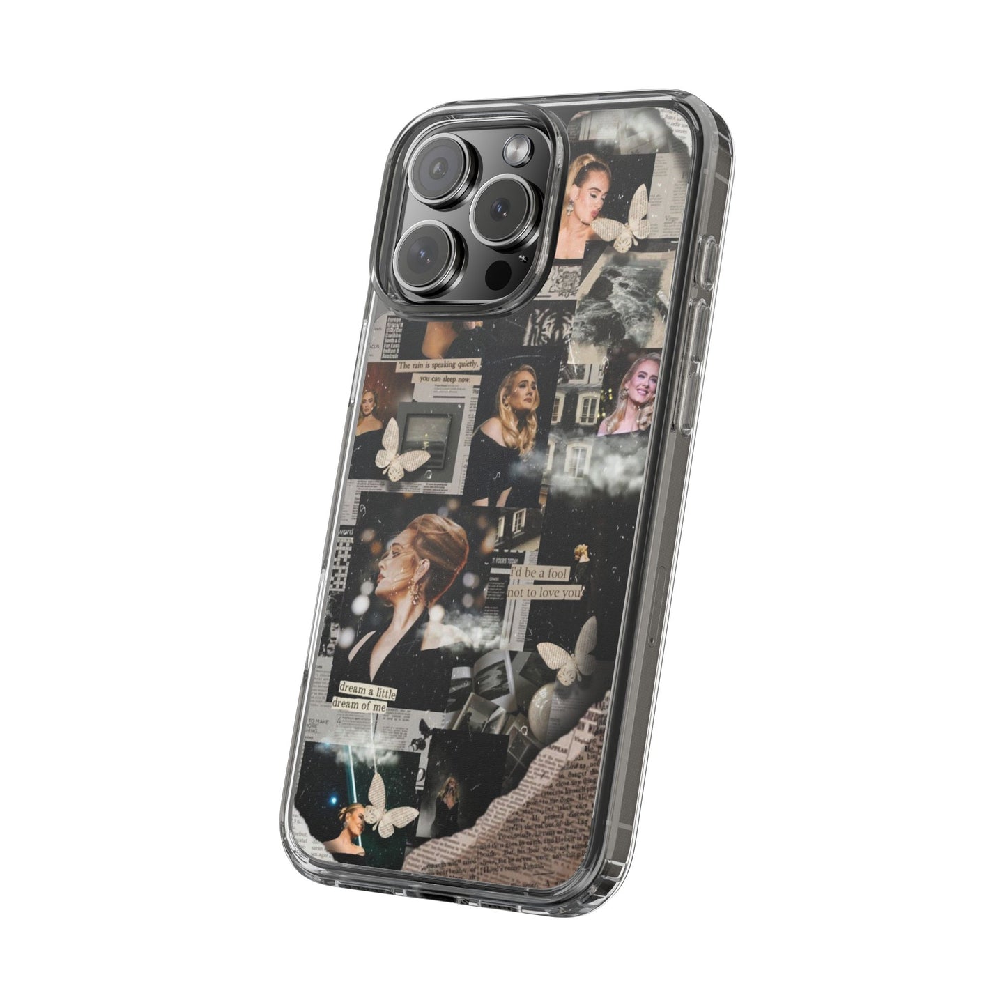 Adele Aesthetic Clear Phone Case with Butterfly Collage Design
