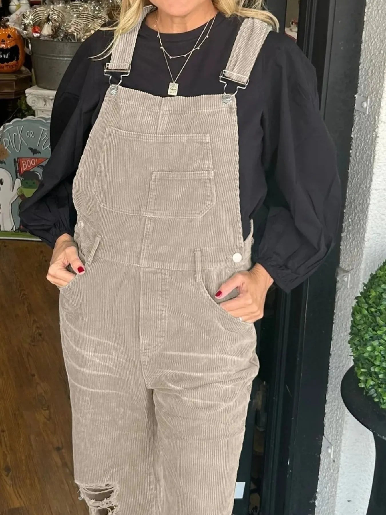 Distressed Wide Leg Corduroy Overalls - Roe Creation