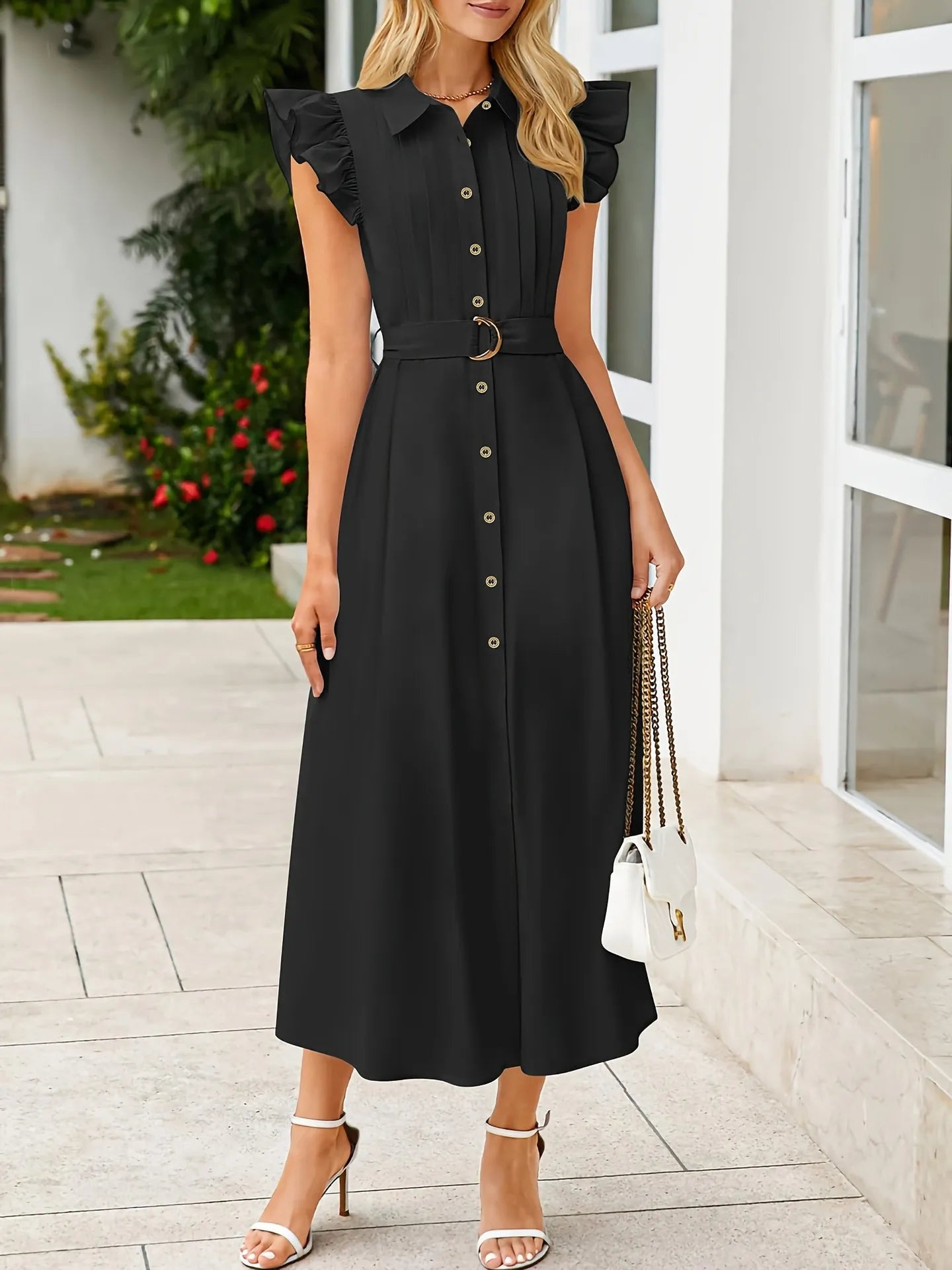 Ruffled Button-Front Midi Dress - Roe Creation