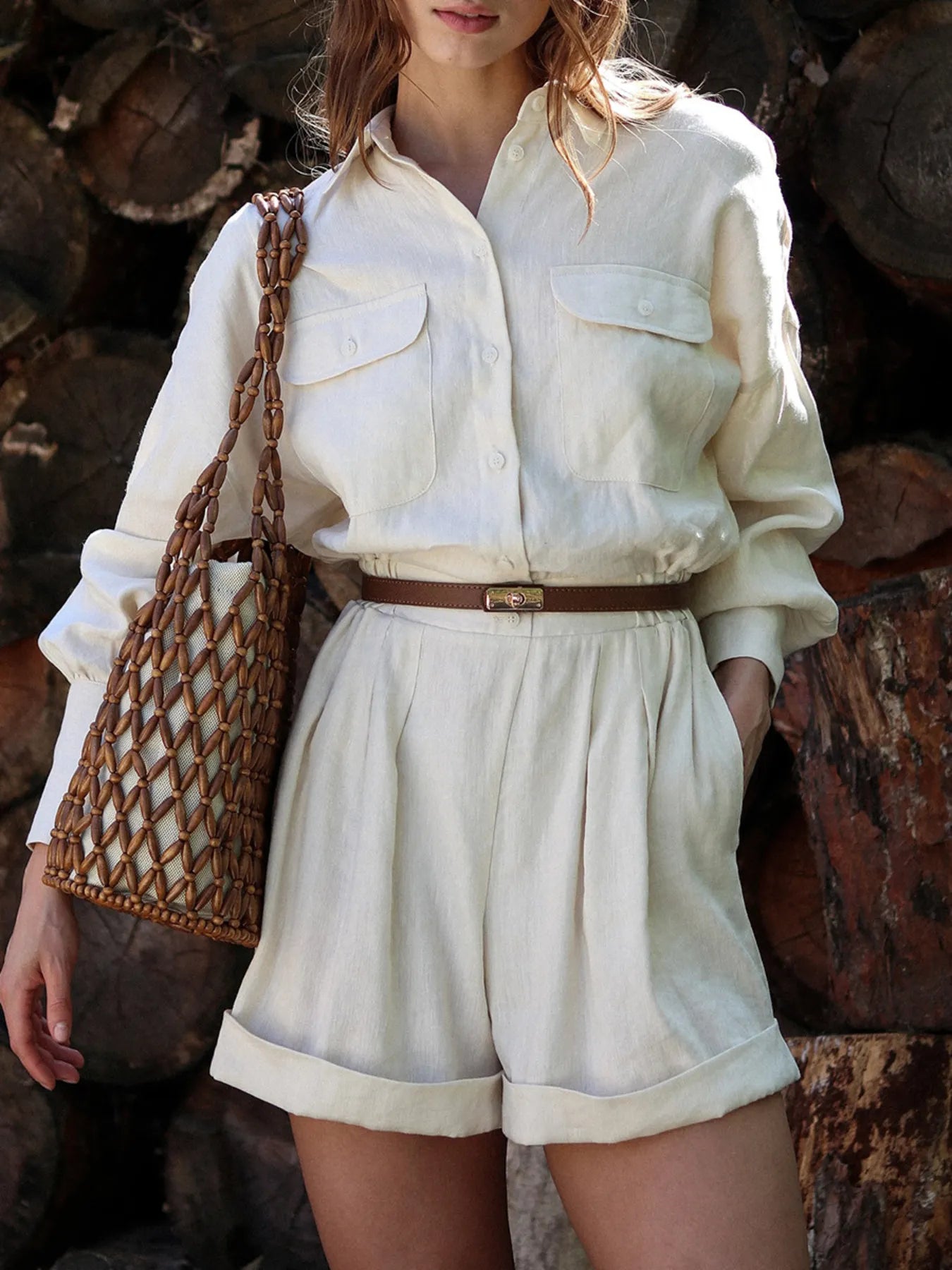 Casual Button Front Long Sleeve Romper - Roe Creation