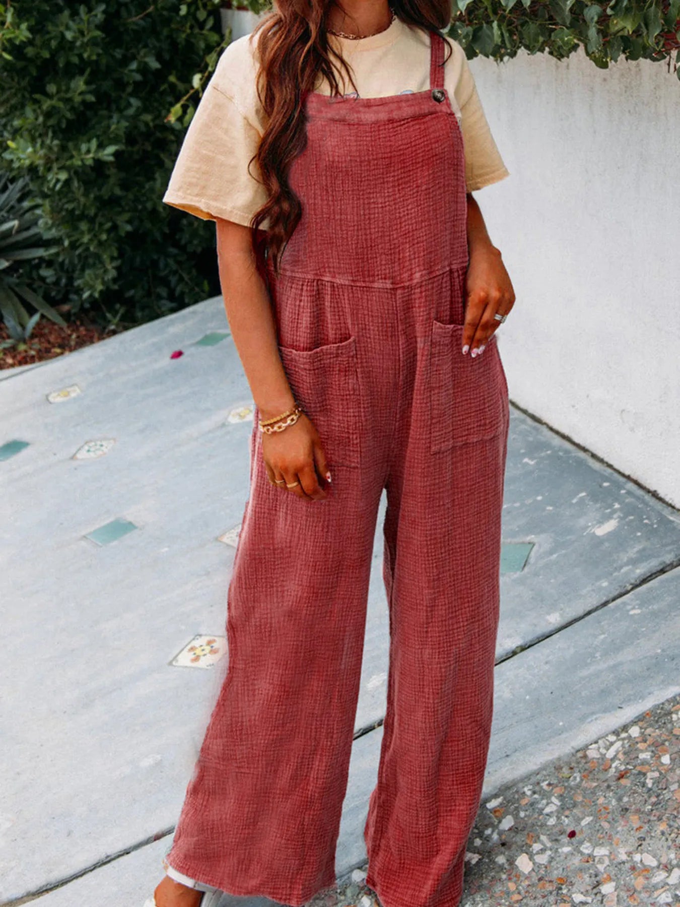 Full Size Casual Wide Leg Textured Overalls Plus Size - Roe Creation